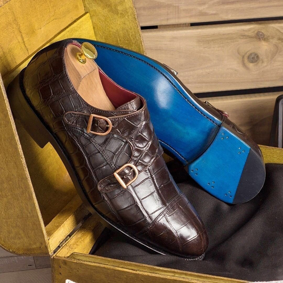 Goodyear Welted Brown Crocodile Print Leather Ruse Double Monk Straps