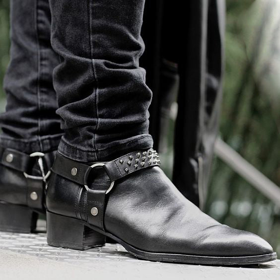 Height Increasing Black Italian Leather Wanton Slip On Harness Chelsea Boots with Spikes - GOODYEAR WELTED FIDDLE BACK VIOLIN SOLE