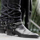 Black Italian Leather Wanton Slip On Harness Chelsea Boots with Spikes