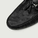 Black Ostrich Print Leather Balimo Slip On Tassel Horse Bit Loafers