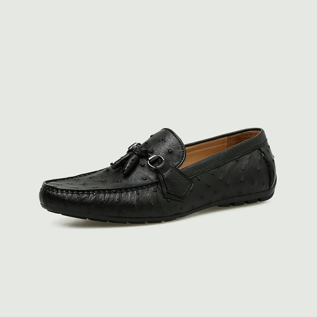 Black Ostrich Print Leather Balimo Slip On Tassel Horse Bit Loafers