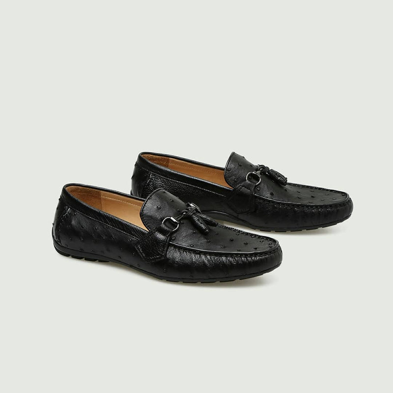 Black Ostrich Print Leather Balimo Slip On Tassel Horse Bit Loafers