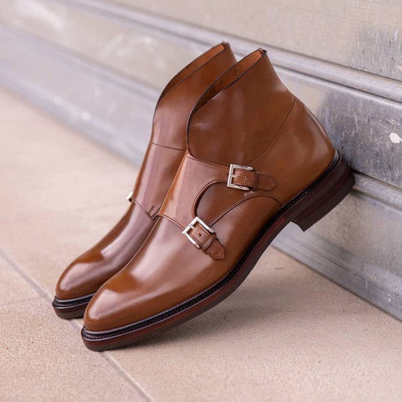 Height Increasing Tan Leather Burgos Monk Strap Boots