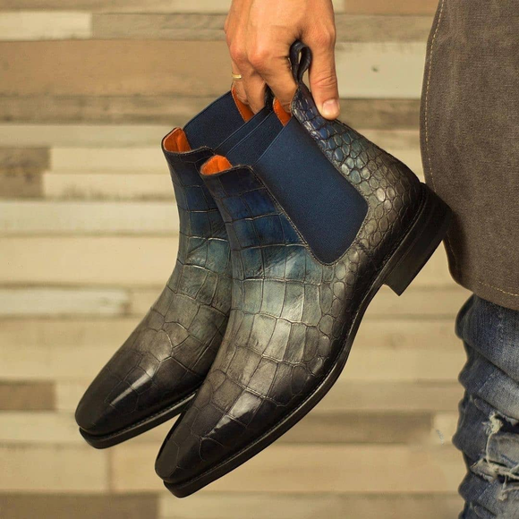 Navy Blue Patina Leather Haskovo Chelsea Boots
