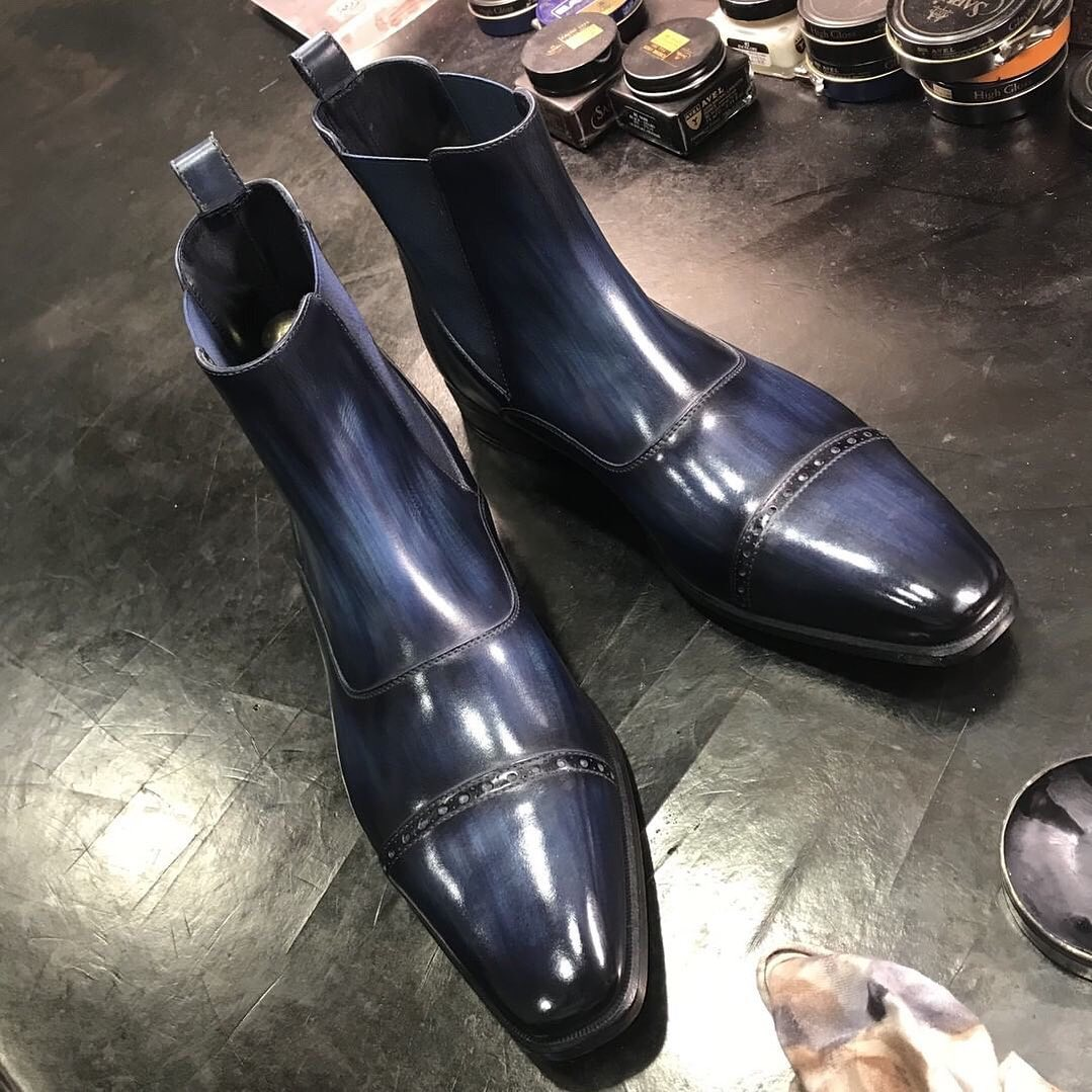 Navy Blue Patina Leather Yambol Slip On Chelsea Boots
