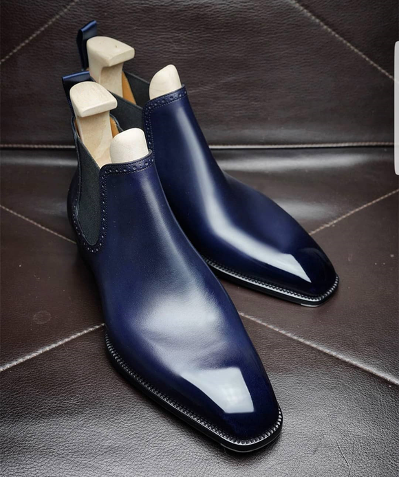 Navy Blue Leather Tarnovo Slip On Chelsea Boots