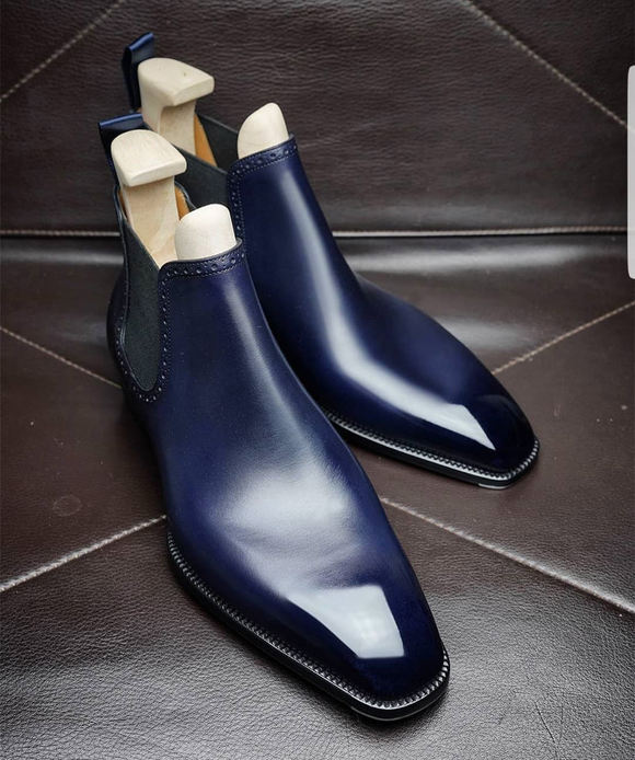 Navy Blue Leather Tarnovo Slip On Chelsea Boots Costoso Italiano