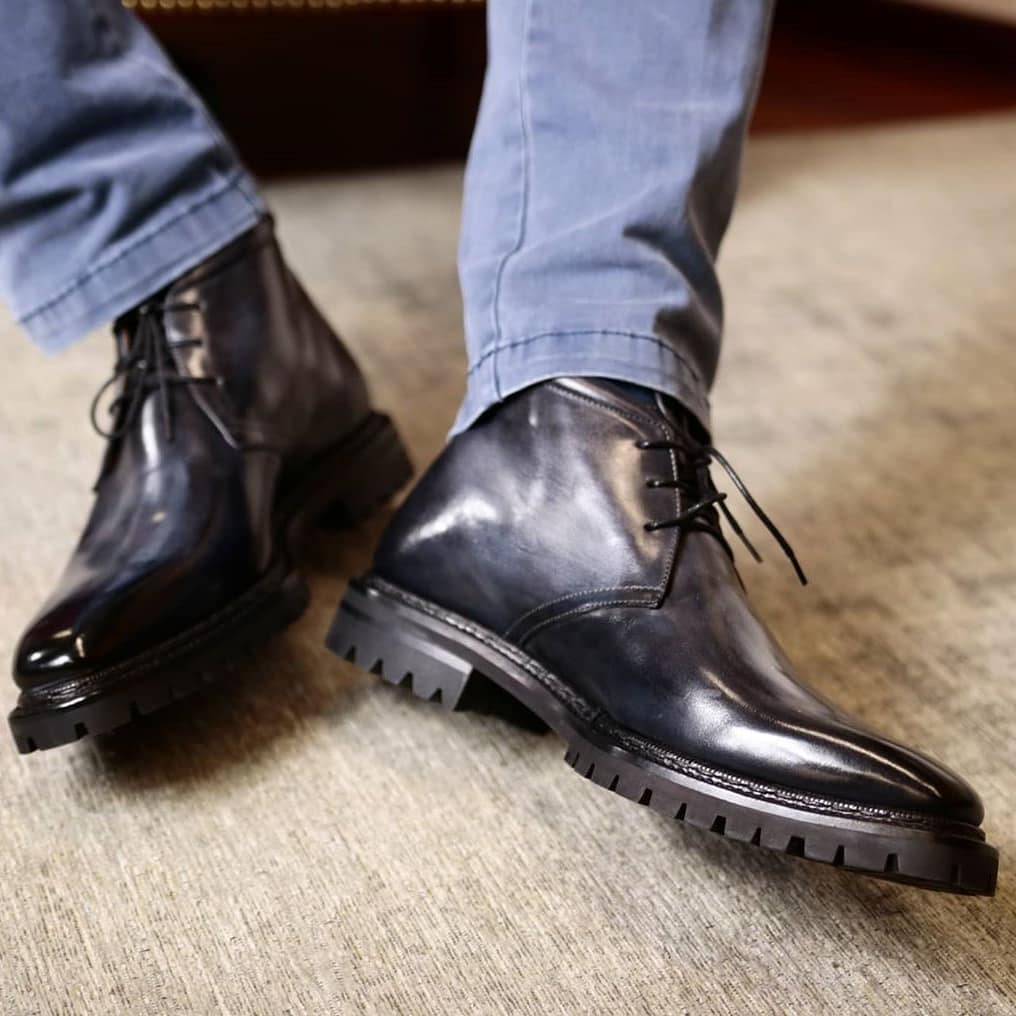 Black Leather Shumen Chukka Chunky Boots with Track Sole