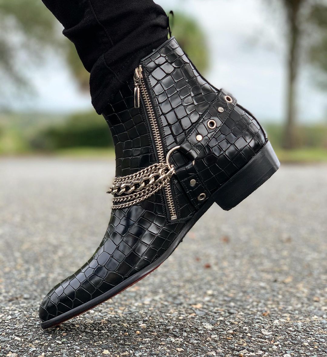 Black Crocodile Print Italian Leather Ravien Harness Chelsea Boots with Silver Chain 