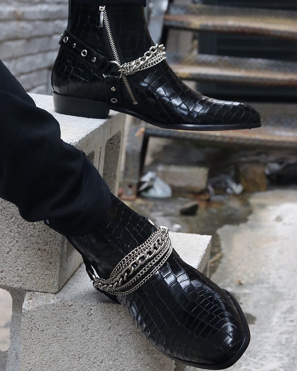 Black Crocodile Print Italian Leather Ravien Harness Chelsea Boots with Silver Chain 