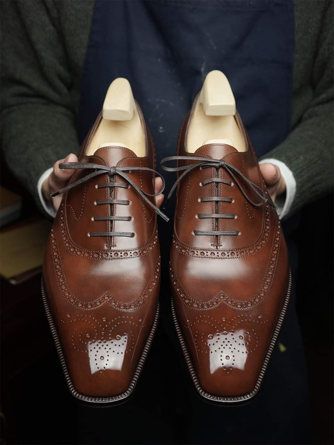 Dark Tan Leather Cedria Brogue Wingtip Oxfords 