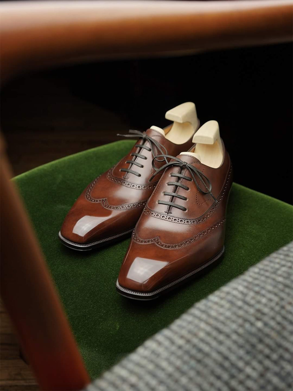 Dark Tan Leather Cedria Brogue Wingtip Oxfords 