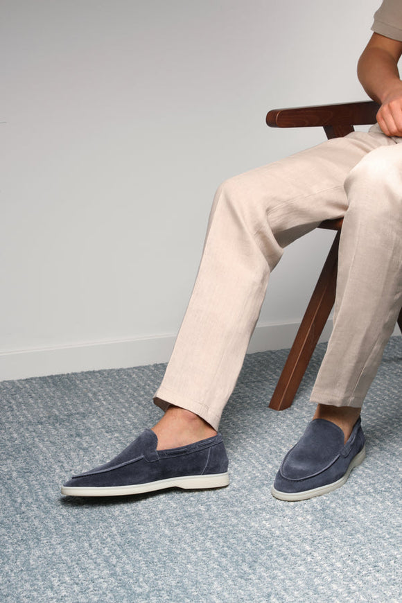 Evening Blue Leather Thetis Slip On Half Loafers with White Soles - SS23