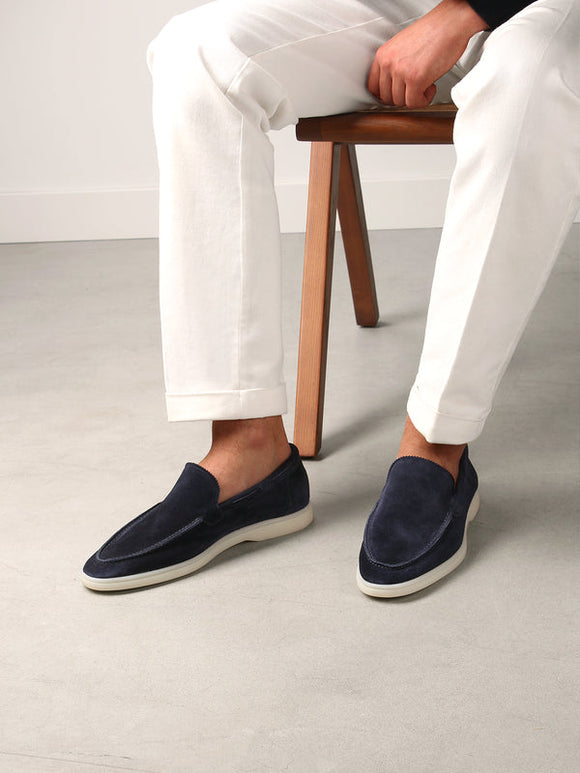 Navy Blue Suede Athena Yatch Loafers with White Soles