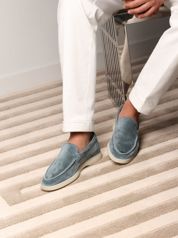 Sky Blue Suede Athena Yatch Loafers with White Soles