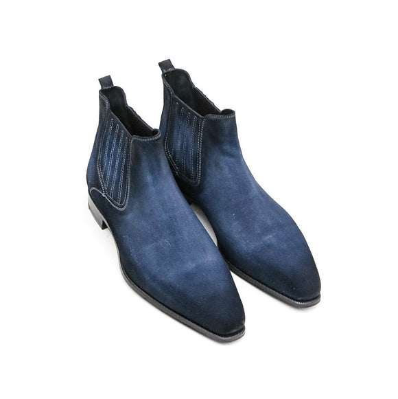 Height Increasing Goodyear Welted Cadaval Denim Blue Suede Chelsea Boot with Violin Leather Sole