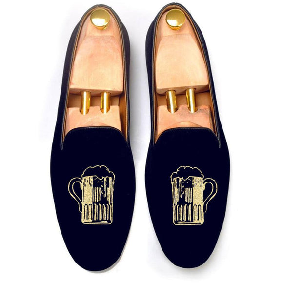 Flat Feet Shoes - Blue Velvet Beer Embroidered Loafers with Arch Support