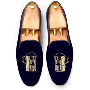 Height Increasing Blue Velvet Beer Embroidered Loafers