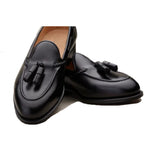Flat Feet Shoes - Black Leather Swale Tassel Loafers with Arch Support