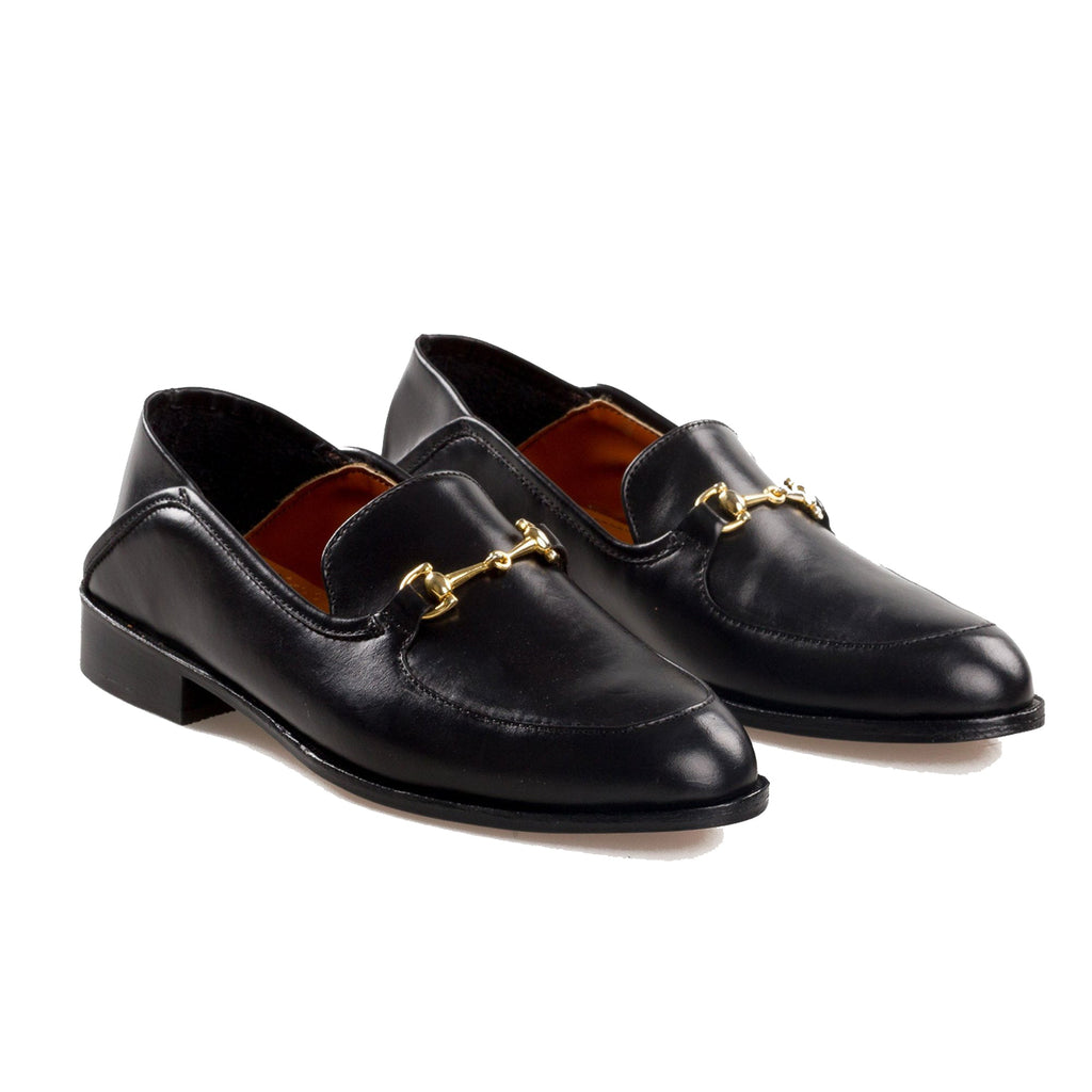 Height Increasing Black Leather Penela Horsebit Collapsible Loafer Slippers