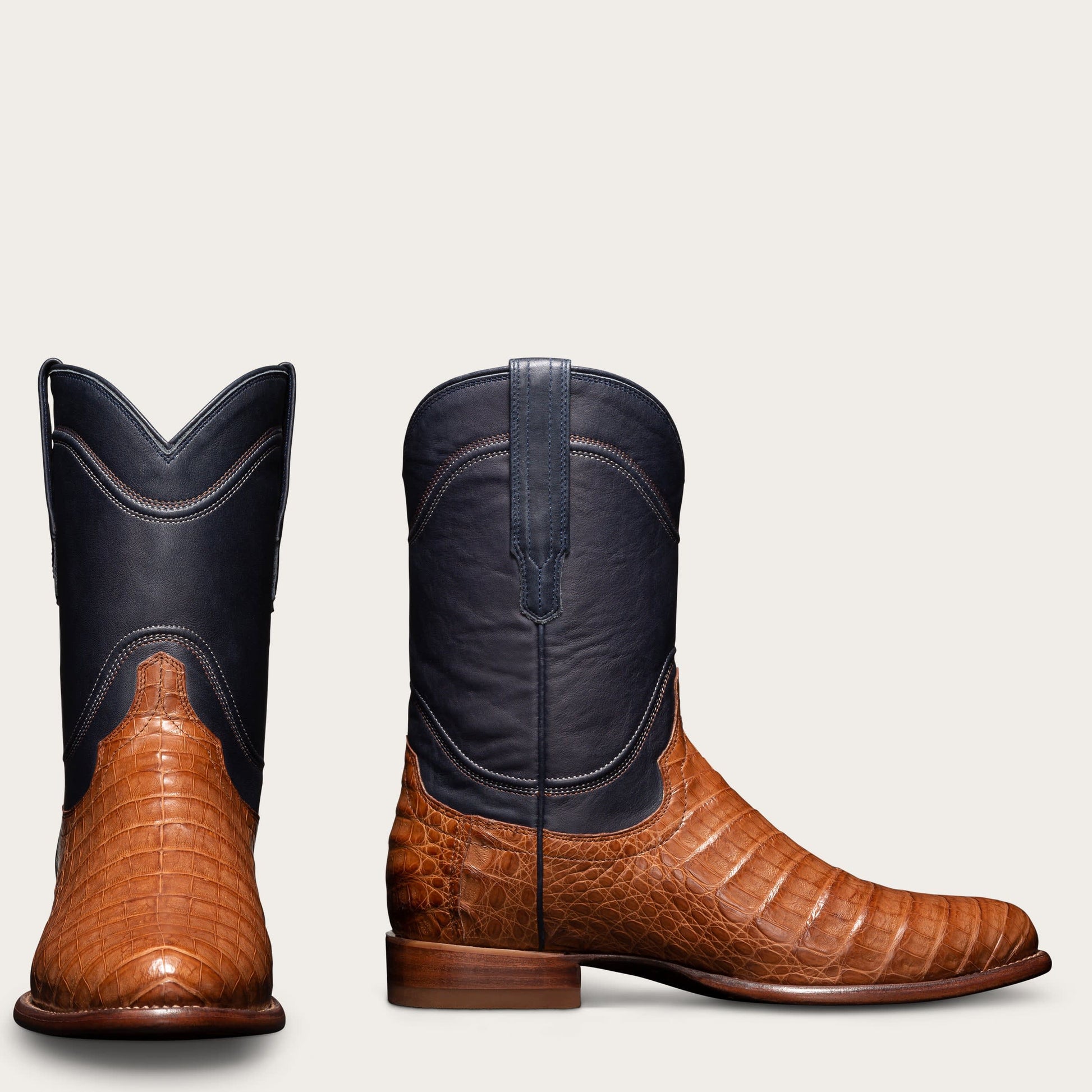 Luxury Edition - Artisian Made Height Increasing Navy Blue and Tan Italian Italian Leather Remington Slip On Zipper Western Cowboy Boots - GOODYEAR WELTED FIDDLE BACK VIOLIN SOLE