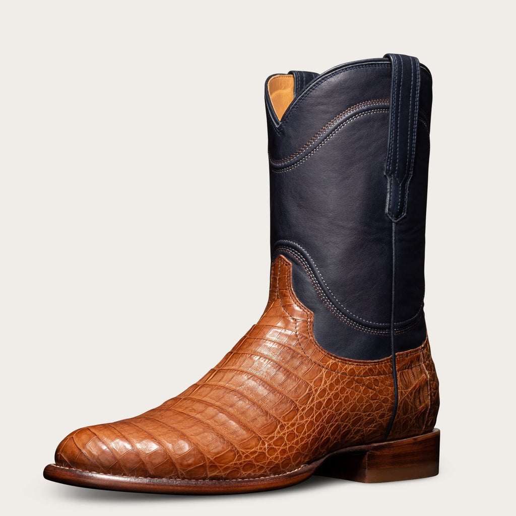 Height Increasing Navy Blue and Tan Italian Leather Remington Slip On Western Cowboy Boots