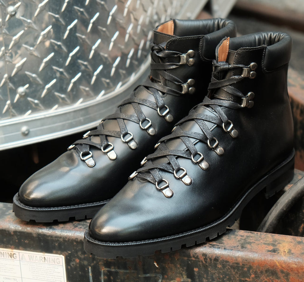 Black Leather Larett Chunky Hiking Combat Boots 