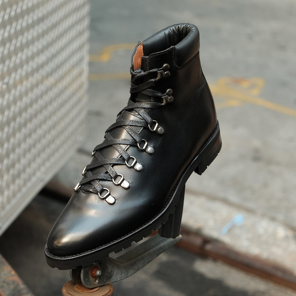 Black Leather Larett Chunky Hiking Combat Boots 