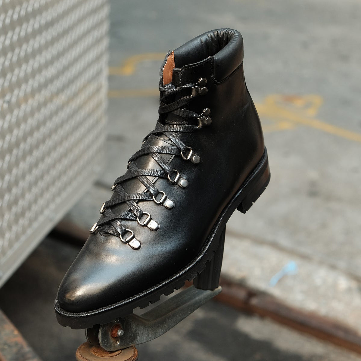 Black Leather Larett Chunky Hiking Combat Boots 