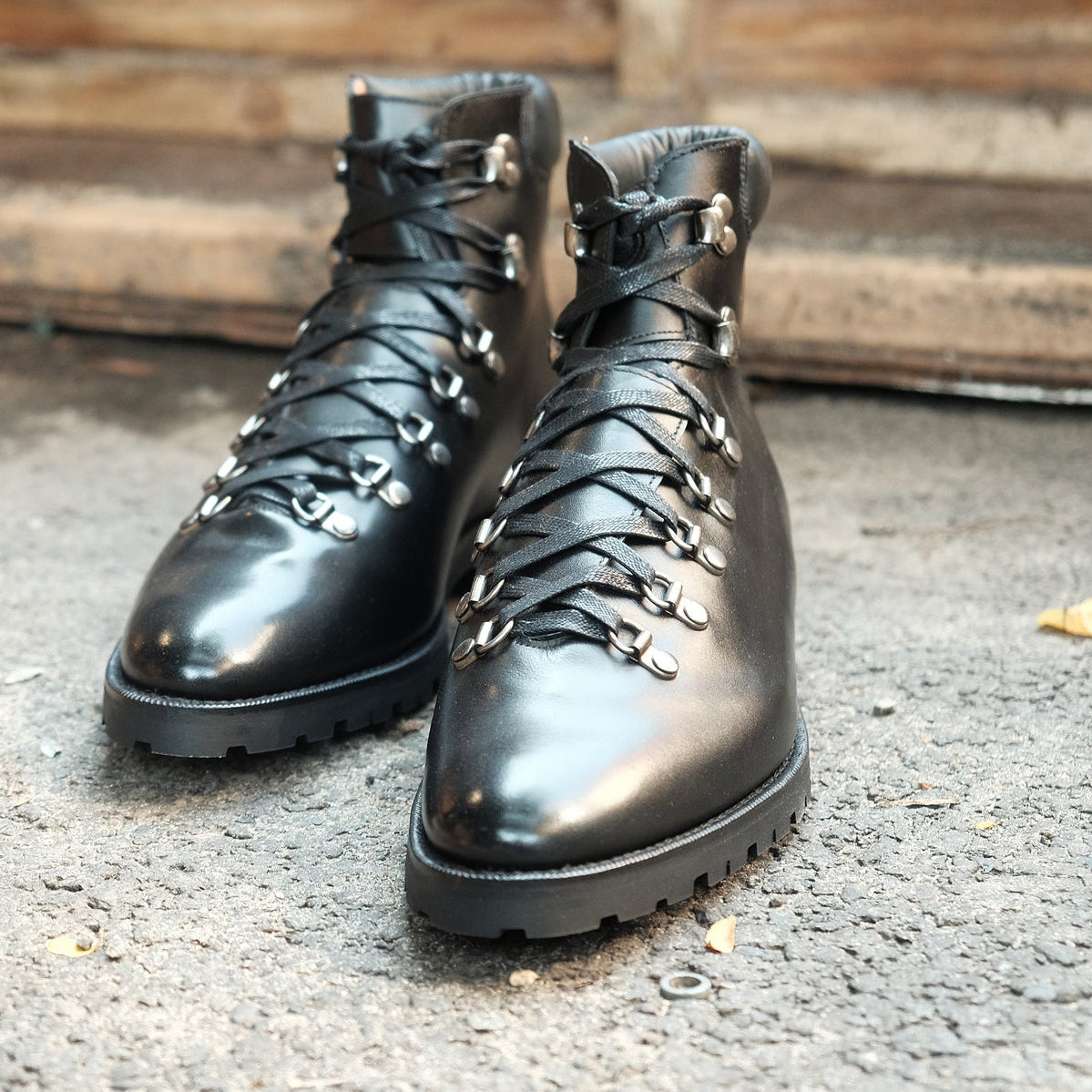 Black Leather Larett Chunky Hiking Combat Boots 