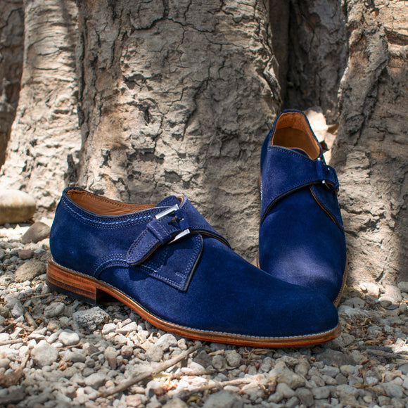 Height Increasing Navy Blue Suede Cheshire Monk Strap Shoes