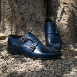 Navy Blue Leather Wansdyke Monk Strap Shoes