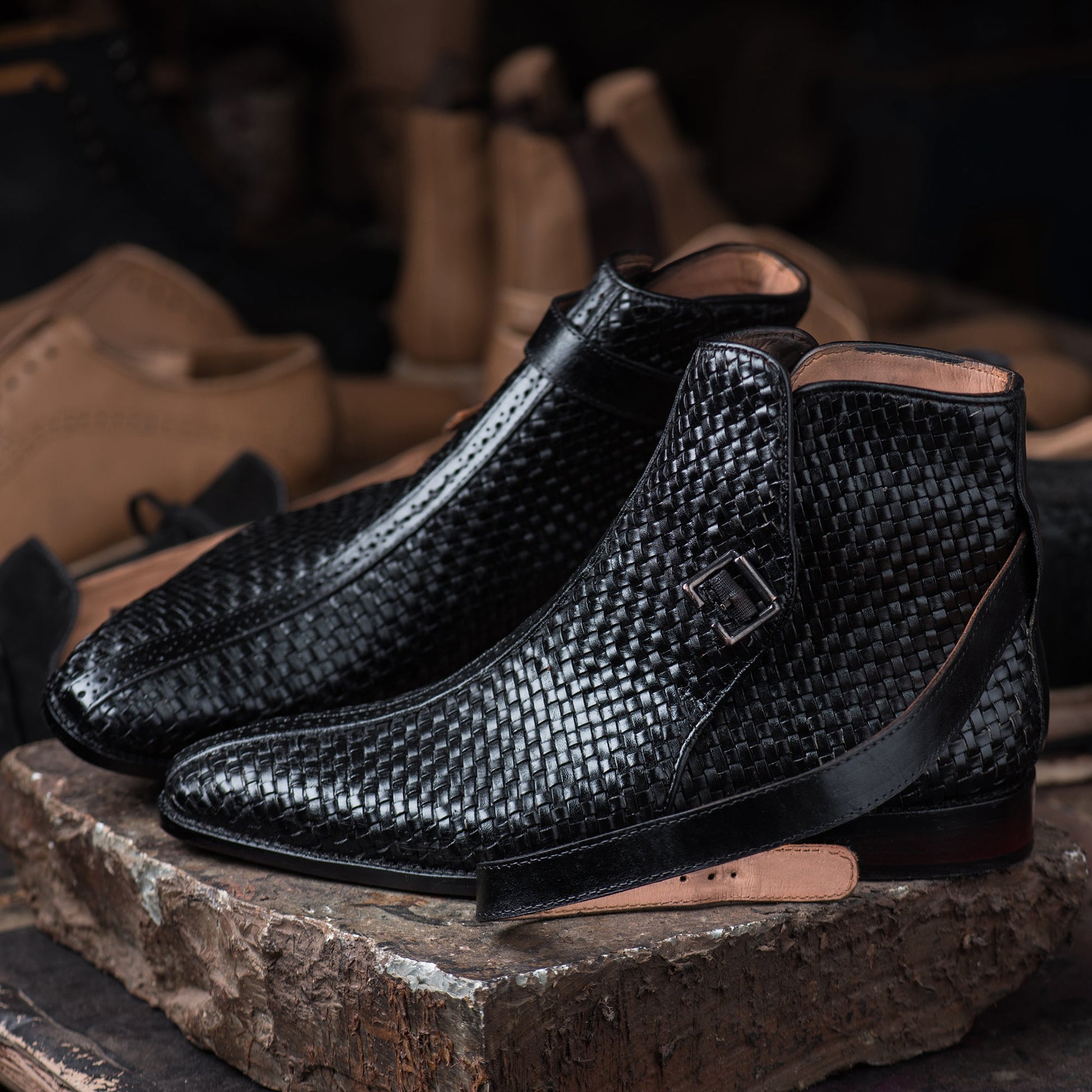 Height Increasing BLACK BRAIDED LEATHER ALBON SLIP ON JODHPUR BOOTS