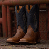 Tan and Navy Blue Leather Bartlett Slip On Western Cowboy Boots