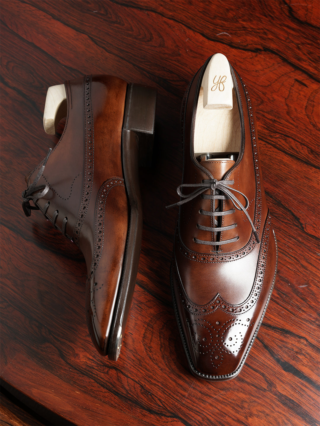 Dark Tan Leather Cedria Brogue Wingtip Oxfords 