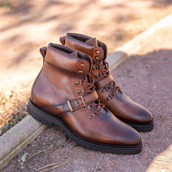 Height Increasing Tan Leather Headre Chunky Combat Boots