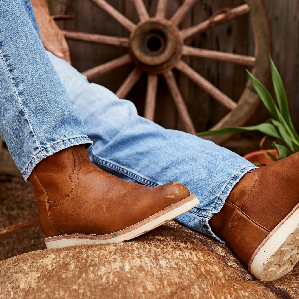 Tan Leather Beasley Slip On Zipper Western Cowboy Rubber Sole Boots
