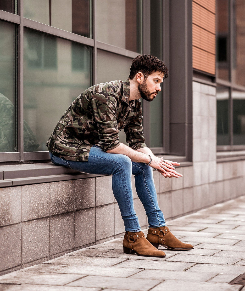 Height Increasing Tan Italian Italian Suede Wanton Slip On Harness Chelsea Boots