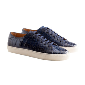 Navy Blue Croc Print Leather Cornella Lace Up Sneakers
