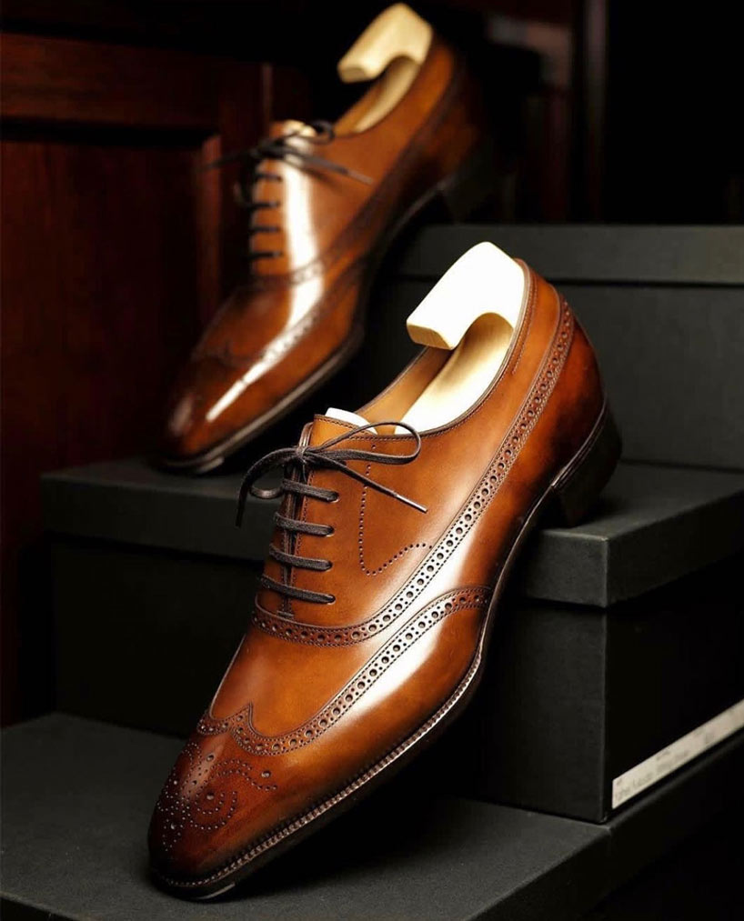 Tan Leather Cedria Brogue Wingtip Oxfords 