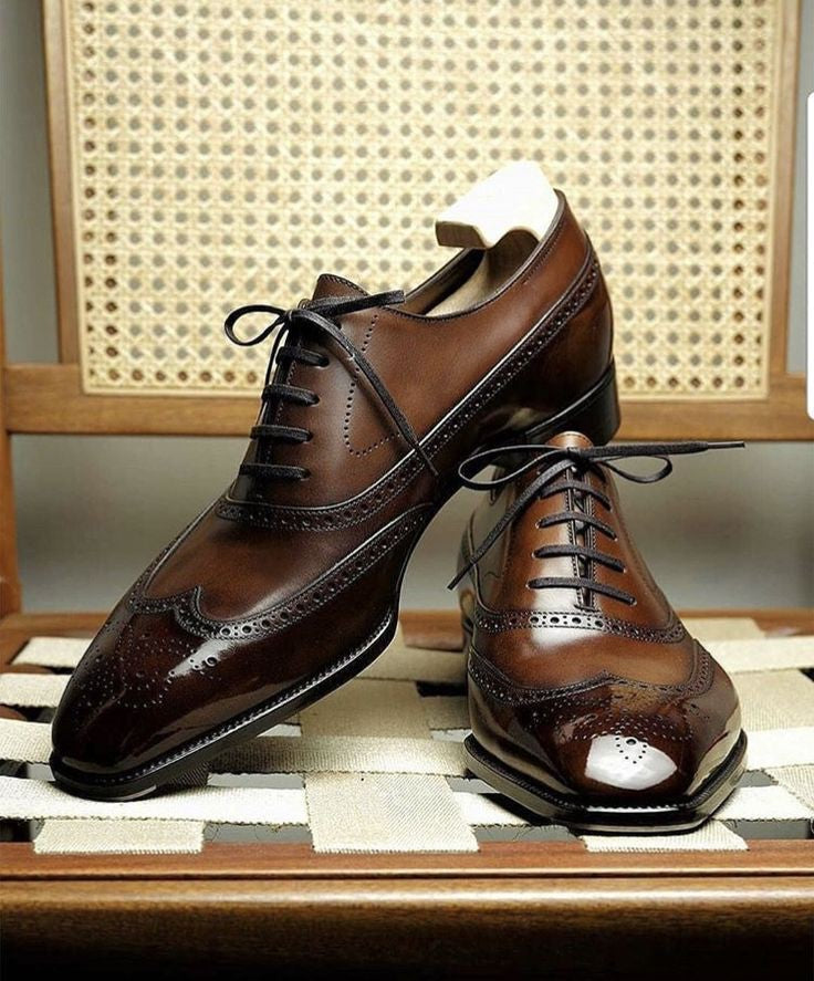 Dark Tan Leather Cedria Brogue Wingtip Oxfords 