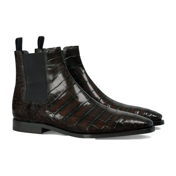 Height Increasing Brown Alligator Textured Leather Evington Chelsea Slip On Boots