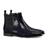 Navy Blue Alligator Textured Leather Evington Chelsea Slip On Boots