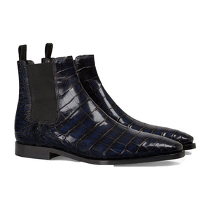 Height Increasing Navy Blue Alligator Textured Leather Evington Chelsea Slip On Boots