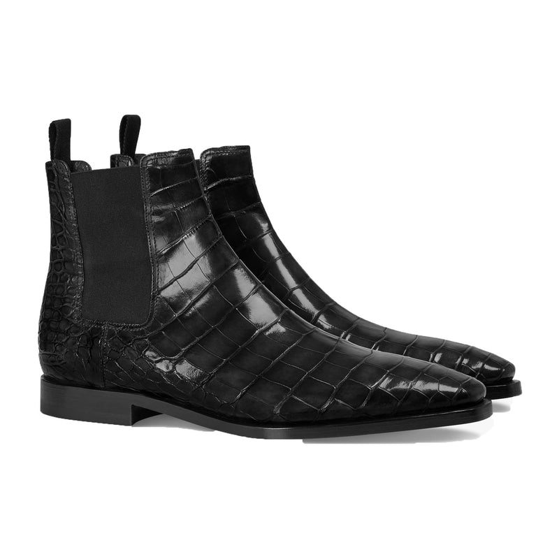 Flat Feet Shoes - Black Alligator Textured Leather Evington Chelsea Slip On Boots with Arch Support