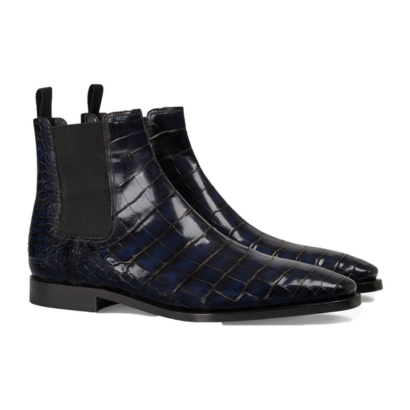 Flat Feet Shoes - Navy Blue Alligator Textured Leather Evington Chelsea Slip On Boots with Arch Support
