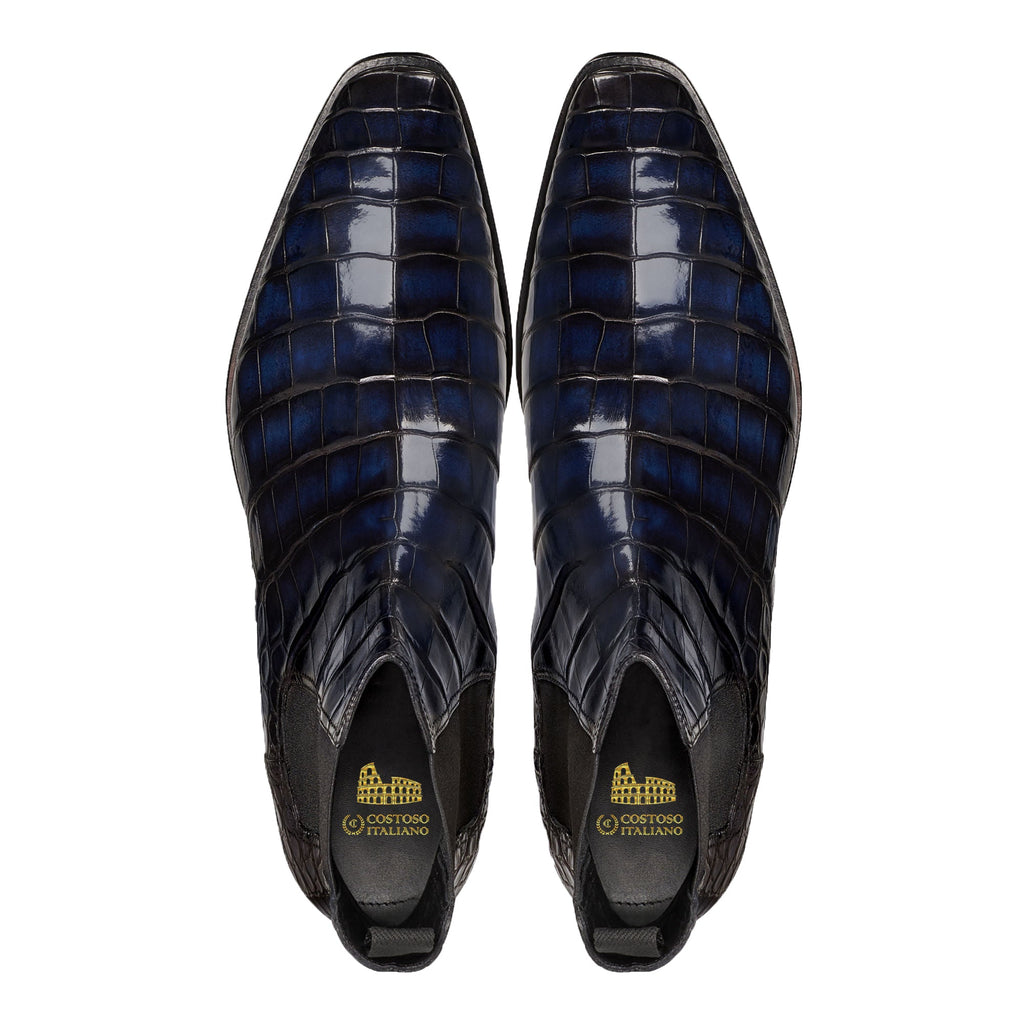 Height Increasing Navy Blue Alligator Textured Leather Evington Chelsea Slip On Boots