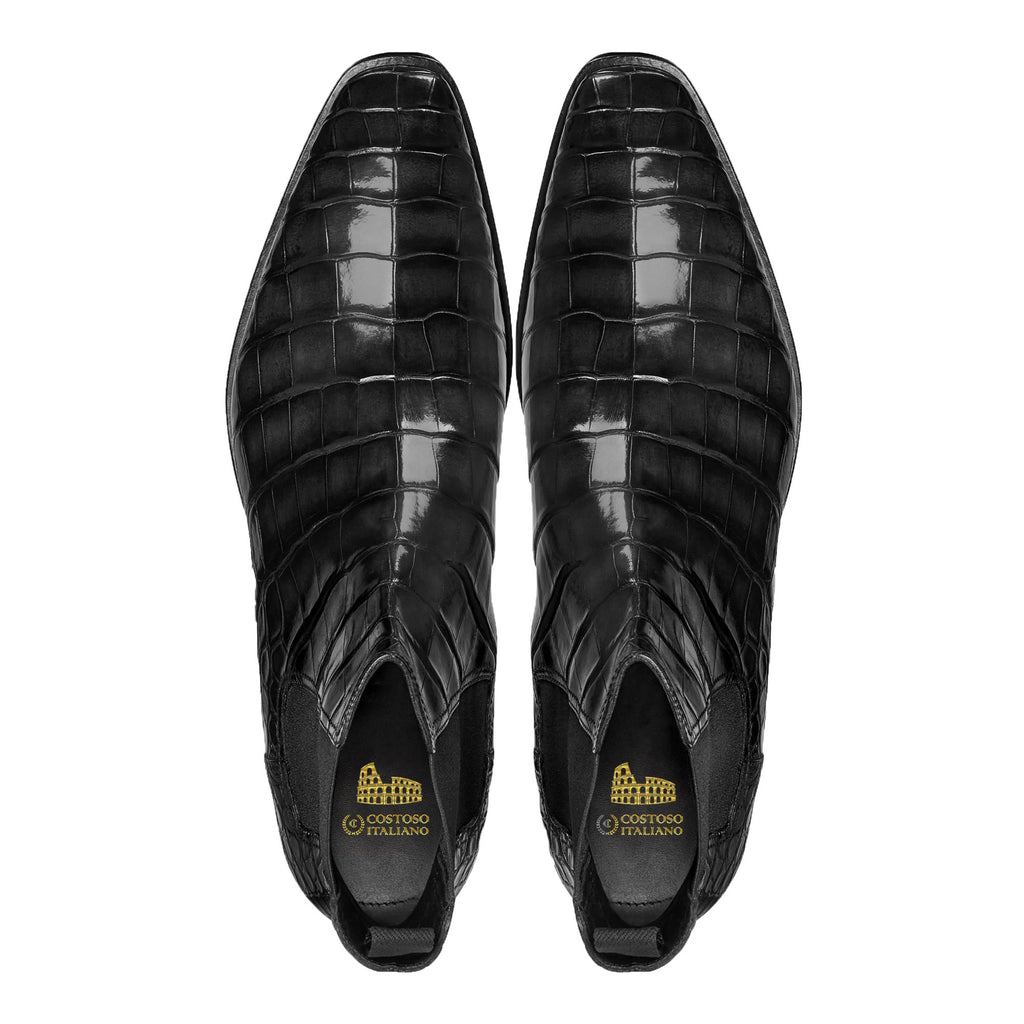 Flat Feet Shoes - Black Alligator Textured Leather Evington Chelsea Slip On Boots with Arch Support