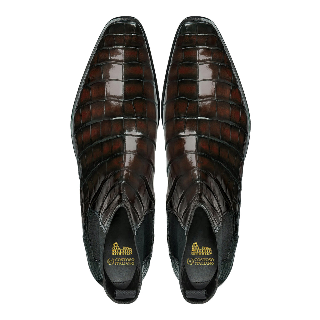 Height Increasing Brown Alligator Textured Leather Evington Chelsea Slip On Boots