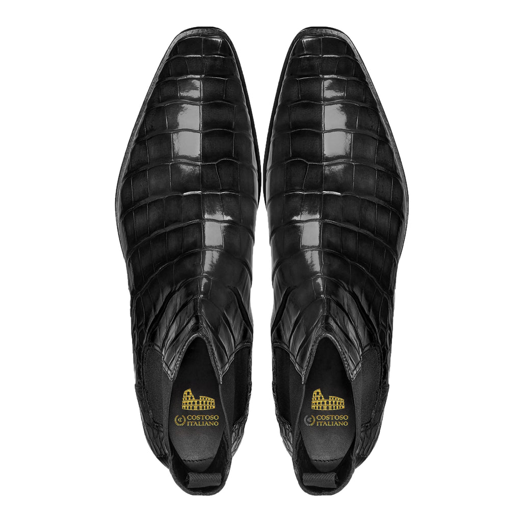 Height Increasing Black Alligator Textured Leather Evington Chelsea Slip On Boots